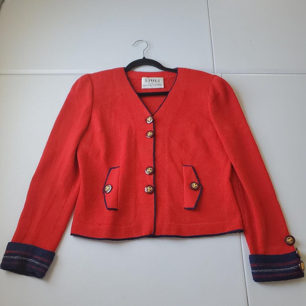 Vintage LIHLI Jacket Sweater Women 10 Red Wool Blend Classic Gilmore Gold Button